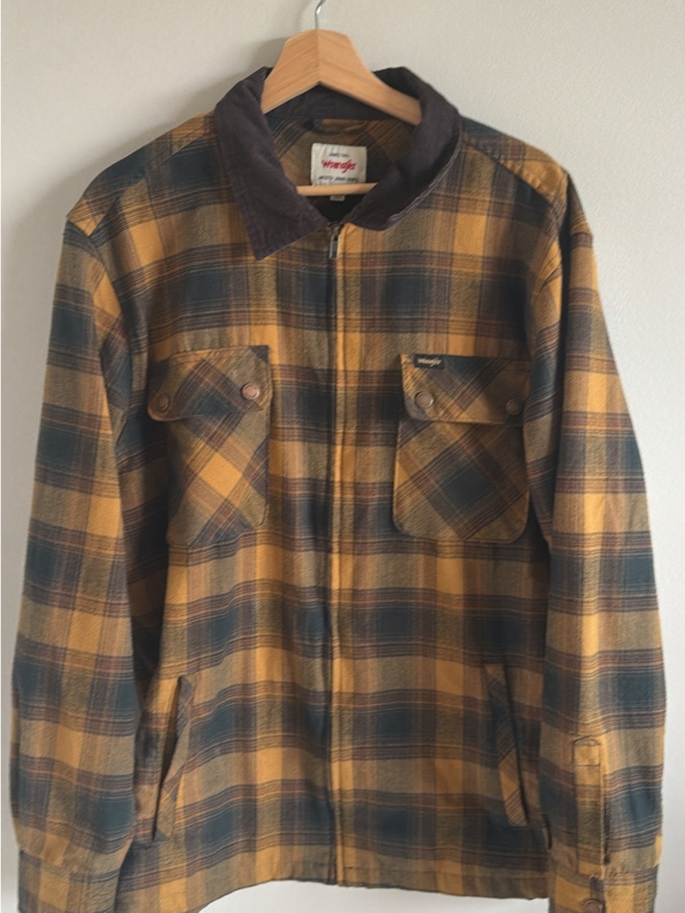 Wrangler Plaid Zip-Front Jacket in Mustard and Dark Blue